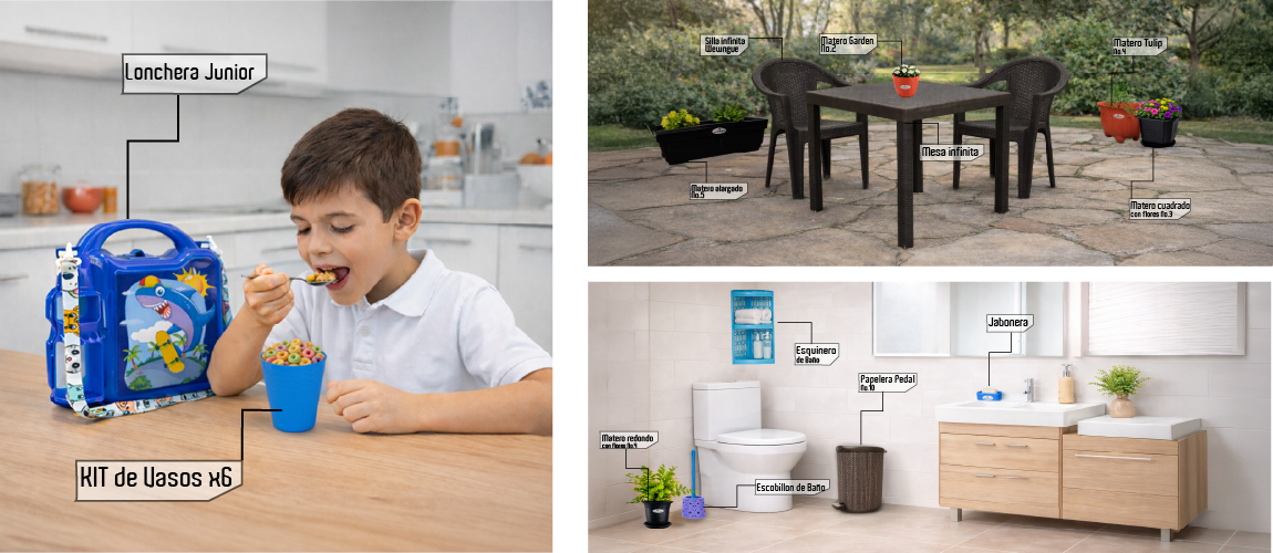 Productos Sorplast para el hogar: lonchera junior, kit de vasos, mesa infinita con sillas wengué, materos decorativos y accesorios de baño